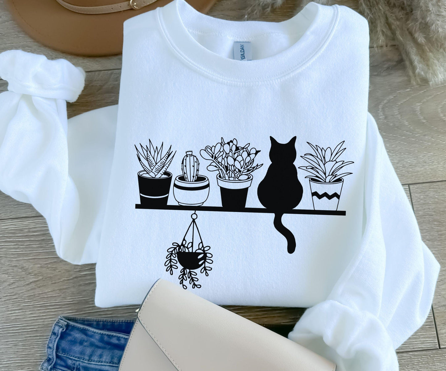 Cozy Gildan 18000 Cats & Plants Sweatshirt for Women - Perfect Gardening Gift & Plant Lover Aesthetic
