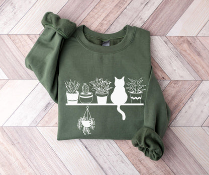 Cozy Gildan 18000 Cats & Plants Sweatshirt for Women - Perfect Gardening Gift & Plant Lover Aesthetic