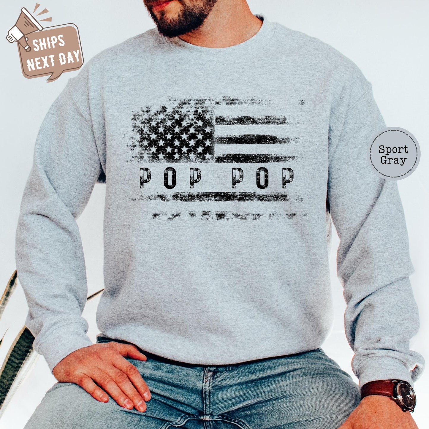 ✨Gildan 18000 Distressed Flag Pop Pop Sweatshirt - Cozy Veteran Gift for Grandpas✨