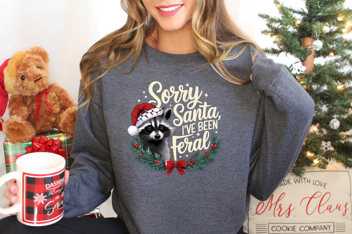 Sorry Santa I've Been Feral Sweatshirt - Gildan 18000 Unisex Christmas Shirt, Funny Raccoon Meme, Perfect Holiday Gift for Women & Men