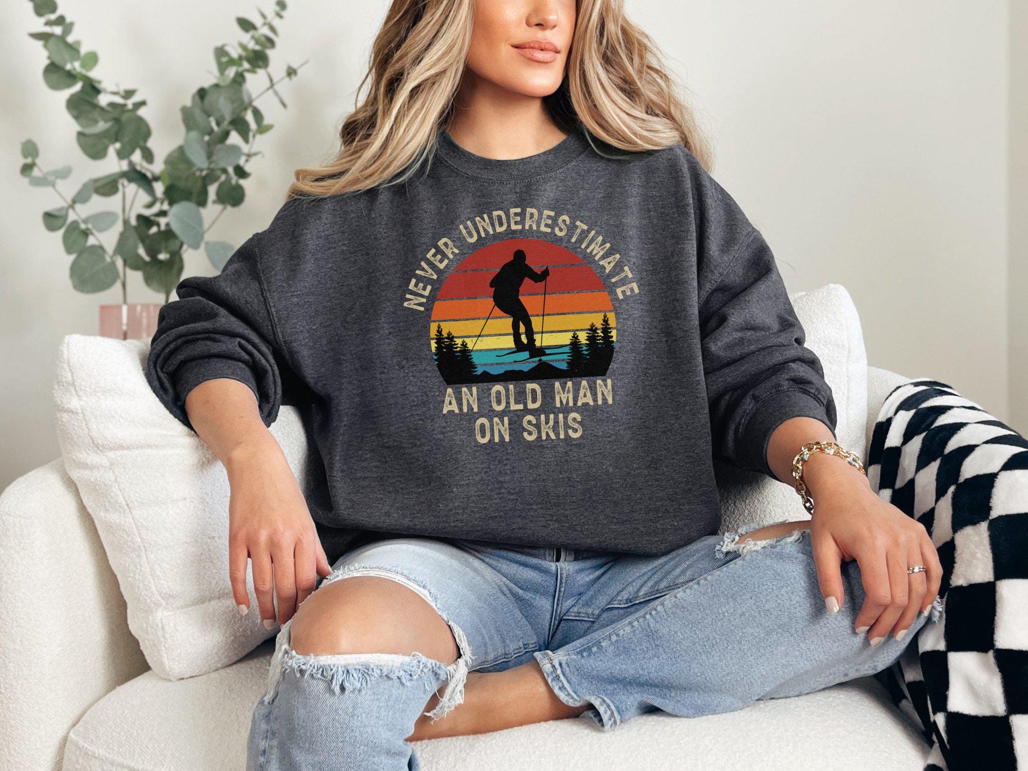 ✨Never Underestimate an Old Man on Skis Gildan 18000 Sweatshirt✨ Cozy Retro Skiing Gift, Unisex Printify Choice for Him & Her Winter Outfit