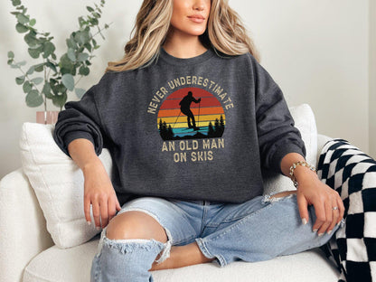 ✨Never Underestimate an Old Man on Skis Gildan 18000 Sweatshirt✨ Cozy Retro Skiing Gift, Unisex Printify Choice for Him & Her Winter Outfit
