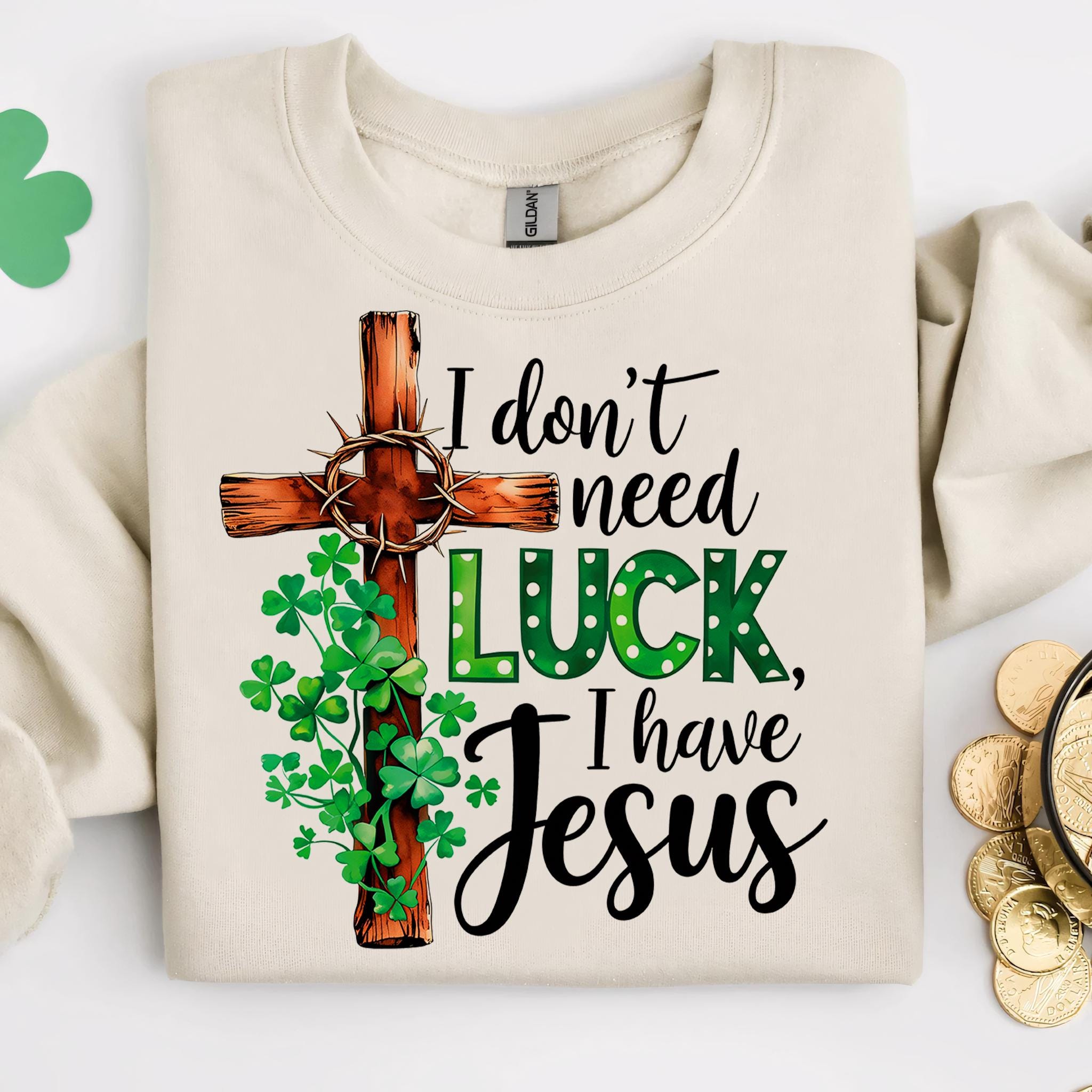 Christian St. Patrick's Day PNG Clover Cross Design Digital Download for Gildan 18000 Crewneck Sweatshirt, Aesthetic Gift, Men Women Matching Outfit
