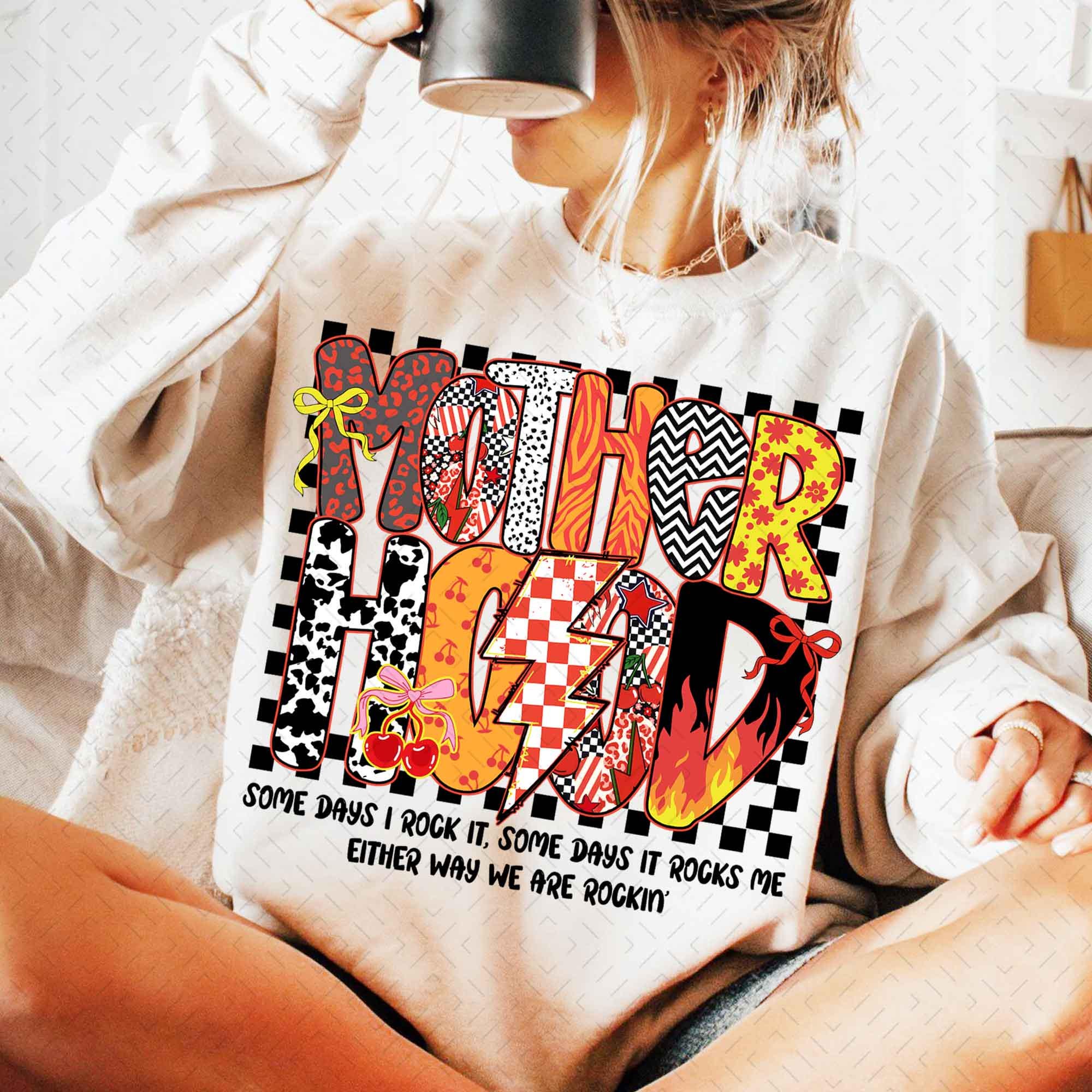 Preppy Motherhood Checkered Coquette Bow Mom Sweatshirt, Gildan 18000 Crewneck, Y2K Grunge Lightning Bolt Cherry, Cozy Fleece Aesthetic Gift