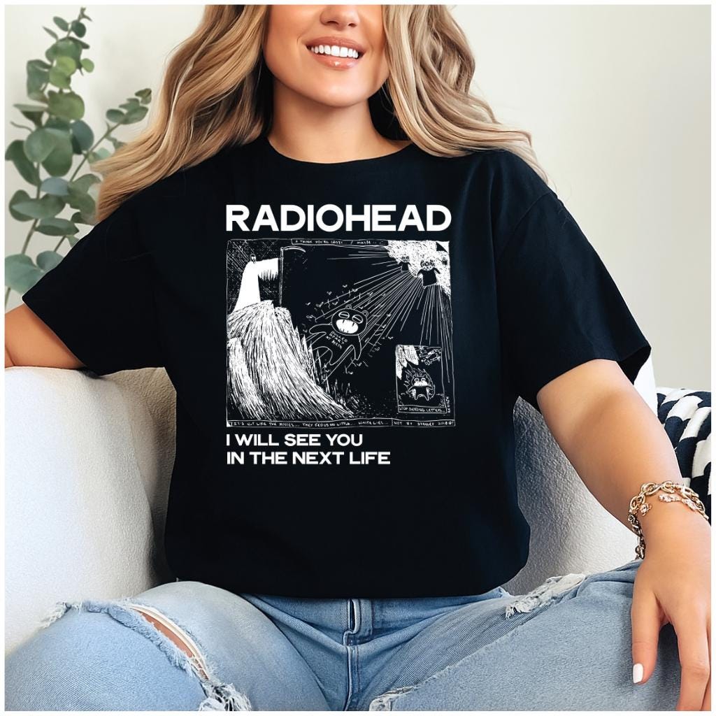 Gildan 5000 Indie Rock Tour Style Unisex Heavy Cotton Tee, Retro Band Aesthetic, Black Radiohead Fan Shirt, Printify Choice, Perfect Gift for Music...