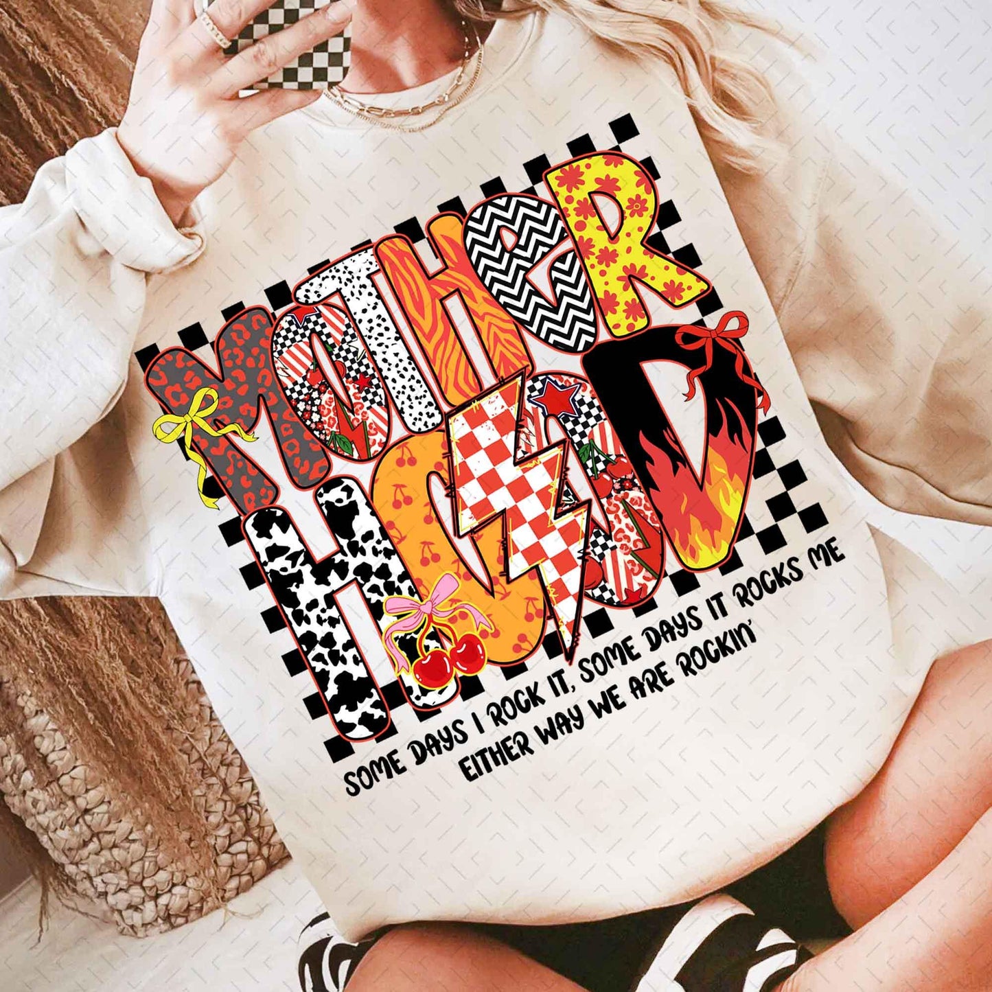 Preppy Motherhood Checkered Coquette Bow Mom Sweatshirt, Gildan 18000 Crewneck, Y2K Grunge Lightning Bolt Cherry, Cozy Fleece Aesthetic Gift
