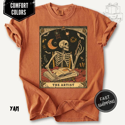 Comfort Colors® 1717 Unisex Garment-Dyed Tee, Skeleton Tarot Art, Dark Academia Gift, Art Lover Halloween Shirt, Perfect for Artists & Teachers