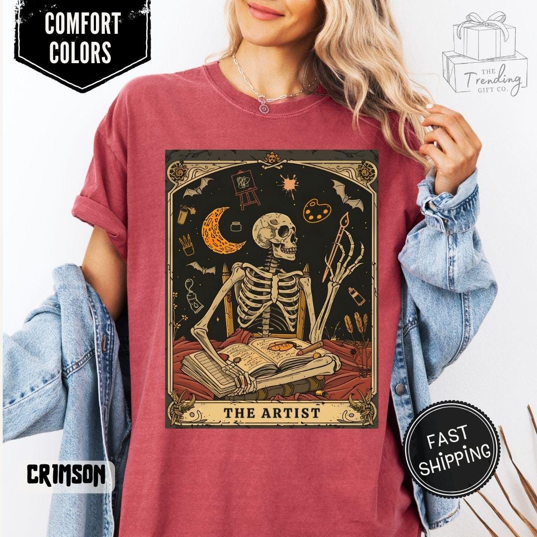 Comfort Colors® 1717 Unisex Garment-Dyed Tee, Skeleton Tarot Art, Dark Academia Gift, Art Lover Halloween Shirt, Perfect for Artists & Teachers