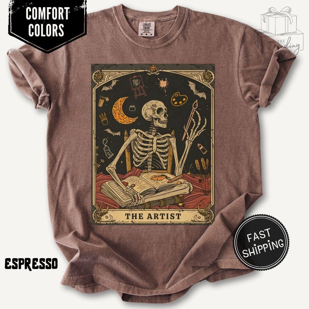 Comfort Colors® 1717 Unisex Garment-Dyed Tee, Skeleton Tarot Art, Dark Academia Gift, Art Lover Halloween Shirt, Perfect for Artists & Teachers