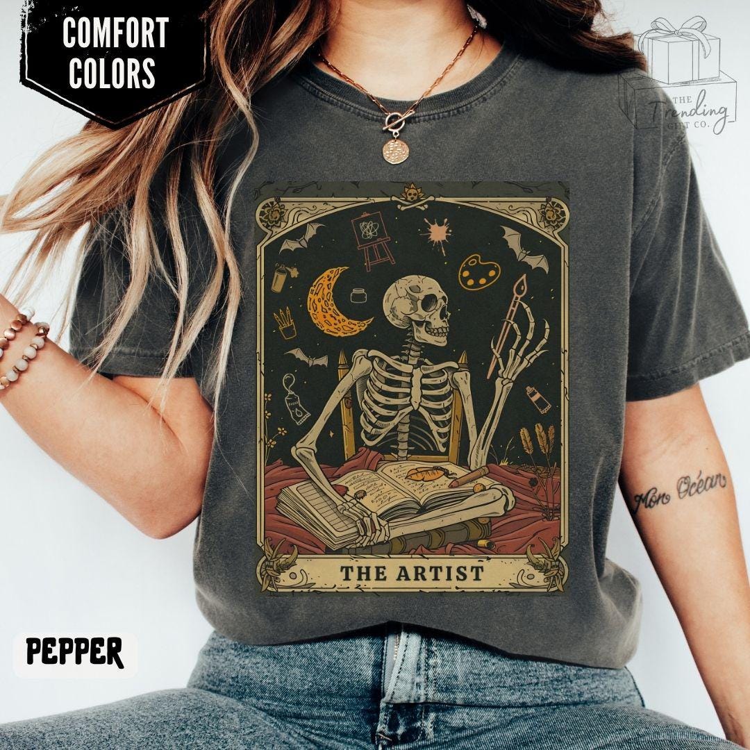 Comfort Colors® 1717 Unisex Garment-Dyed Tee, Skeleton Tarot Art, Dark Academia Gift, Art Lover Halloween Shirt, Perfect for Artists & Teachers