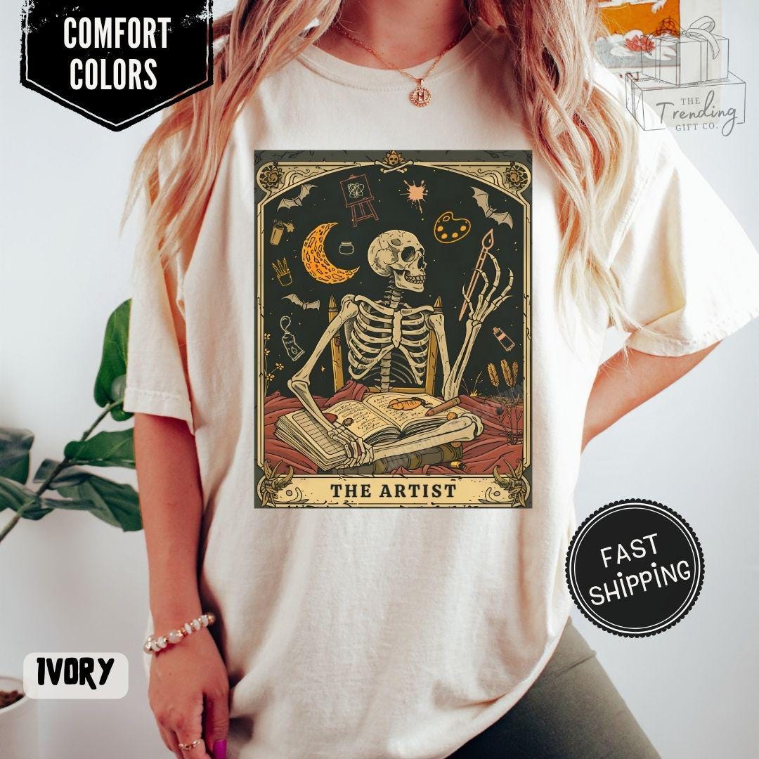 Comfort Colors® 1717 Unisex Garment-Dyed Tee, Skeleton Tarot Art, Dark Academia Gift, Art Lover Halloween Shirt, Perfect for Artists & Teachers