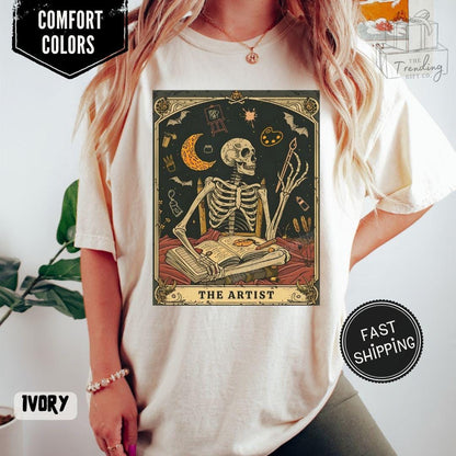 Comfort Colors® 1717 Unisex Garment-Dyed Tee, Skeleton Tarot Art, Dark Academia Gift, Art Lover Halloween Shirt, Perfect for Artists & Teachers
