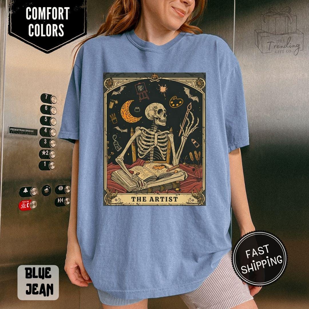 Comfort Colors® 1717 Unisex Garment-Dyed Tee, Skeleton Tarot Art, Dark Academia Gift, Art Lover Halloween Shirt, Perfect for Artists & Teachers