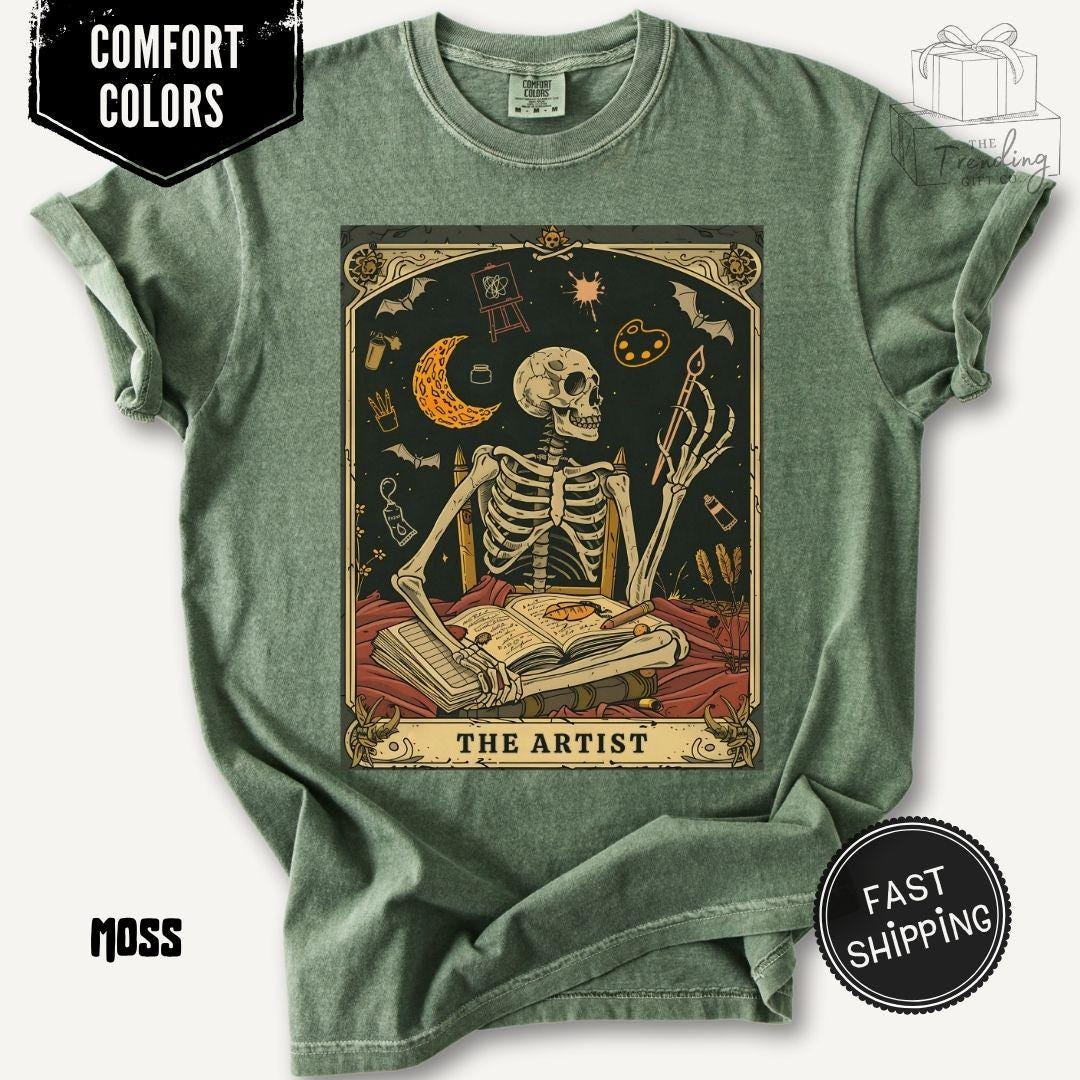 Comfort Colors® 1717 Unisex Garment-Dyed Tee, Skeleton Tarot Art, Dark Academia Gift, Art Lover Halloween Shirt, Perfect for Artists & Teachers