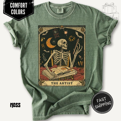 Comfort Colors® 1717 Unisex Garment-Dyed Tee, Skeleton Tarot Art, Dark Academia Gift, Art Lover Halloween Shirt, Perfect for Artists & Teachers