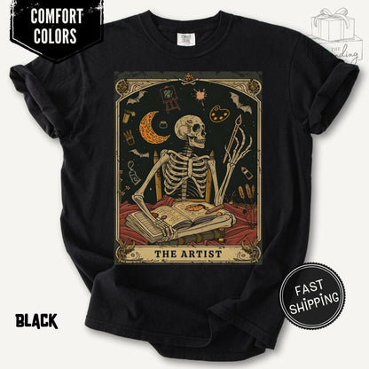 Comfort Colors® 1717 Unisex Garment-Dyed Tee, Skeleton Tarot Art, Dark Academia Gift, Art Lover Halloween Shirt, Perfect for Artists & Teachers