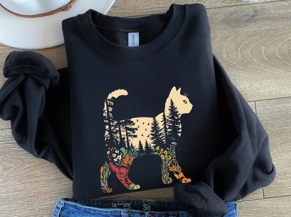 Boho Cat Plants Sweatshirt for Women - Gildan 18000, Cozy Gift for Cat Lovers, Aesthetic Nature Sweater, Perfect for Christmas and Winter