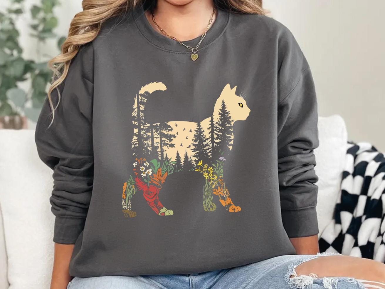 Boho Cat Plants Sweatshirt for Women - Gildan 18000, Cozy Gift for Cat Lovers, Aesthetic Nature Sweater, Perfect for Christmas and Winter