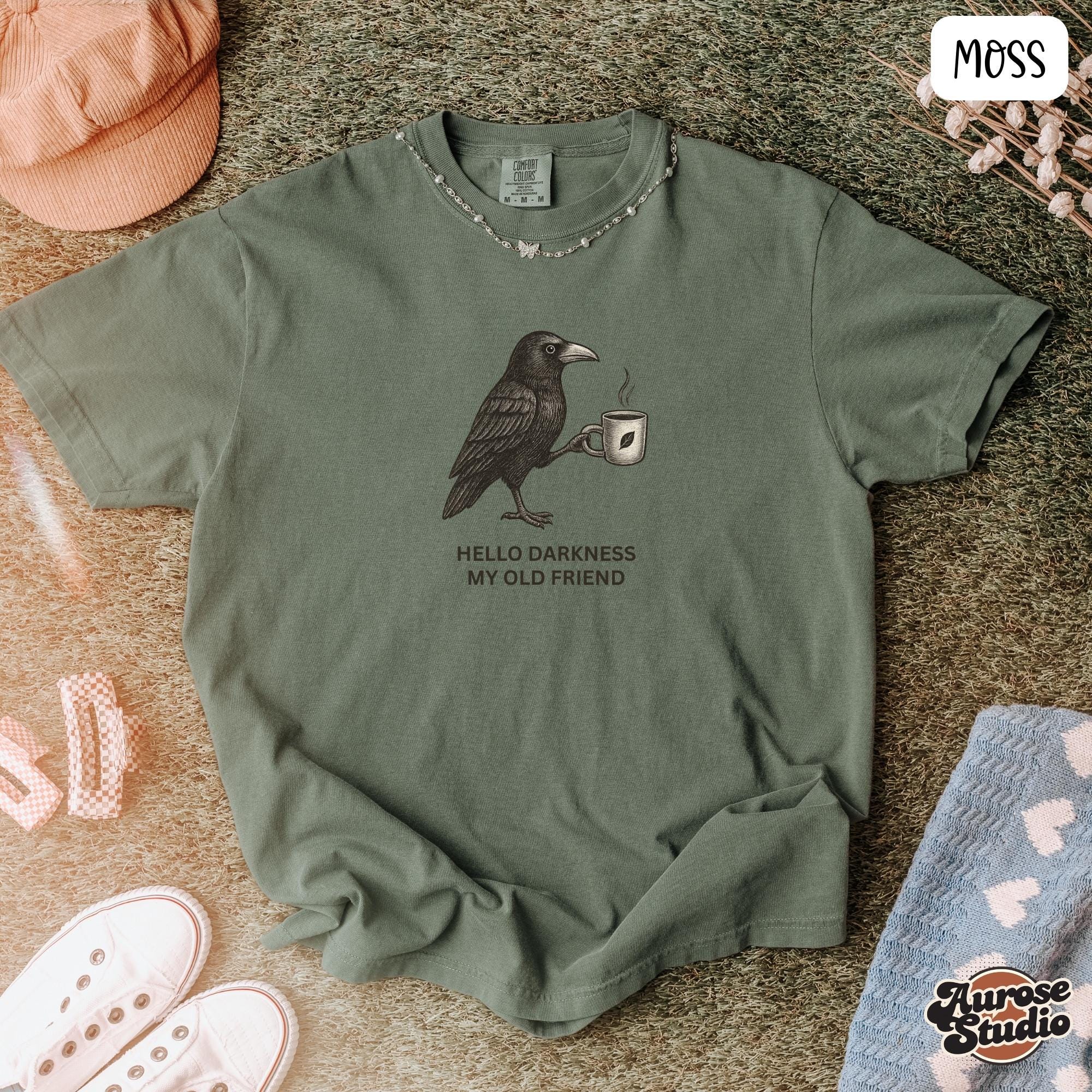 Comfort Colors® 1717 Unisex Raven Crow Coffee Shirt, Halloween Aesthetic Gift, SwiftPOD Garment-Dyed T-shirt for Men & Women, Cozy Fall Outfit