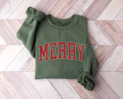 Womens Merry Sweatshirt: Retro Merry Christmas Gildan 18000, Cozy Festive Gift, Printify Choice Holiday Outfit