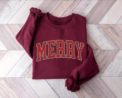 Womens Merry Sweatshirt: Retro Merry Christmas Gildan 18000, Cozy Festive Gift, Printify Choice Holiday Outfit