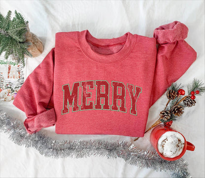 Womens Merry Sweatshirt: Retro Merry Christmas Gildan 18000, Cozy Festive Gift, Printify Choice Holiday Outfit