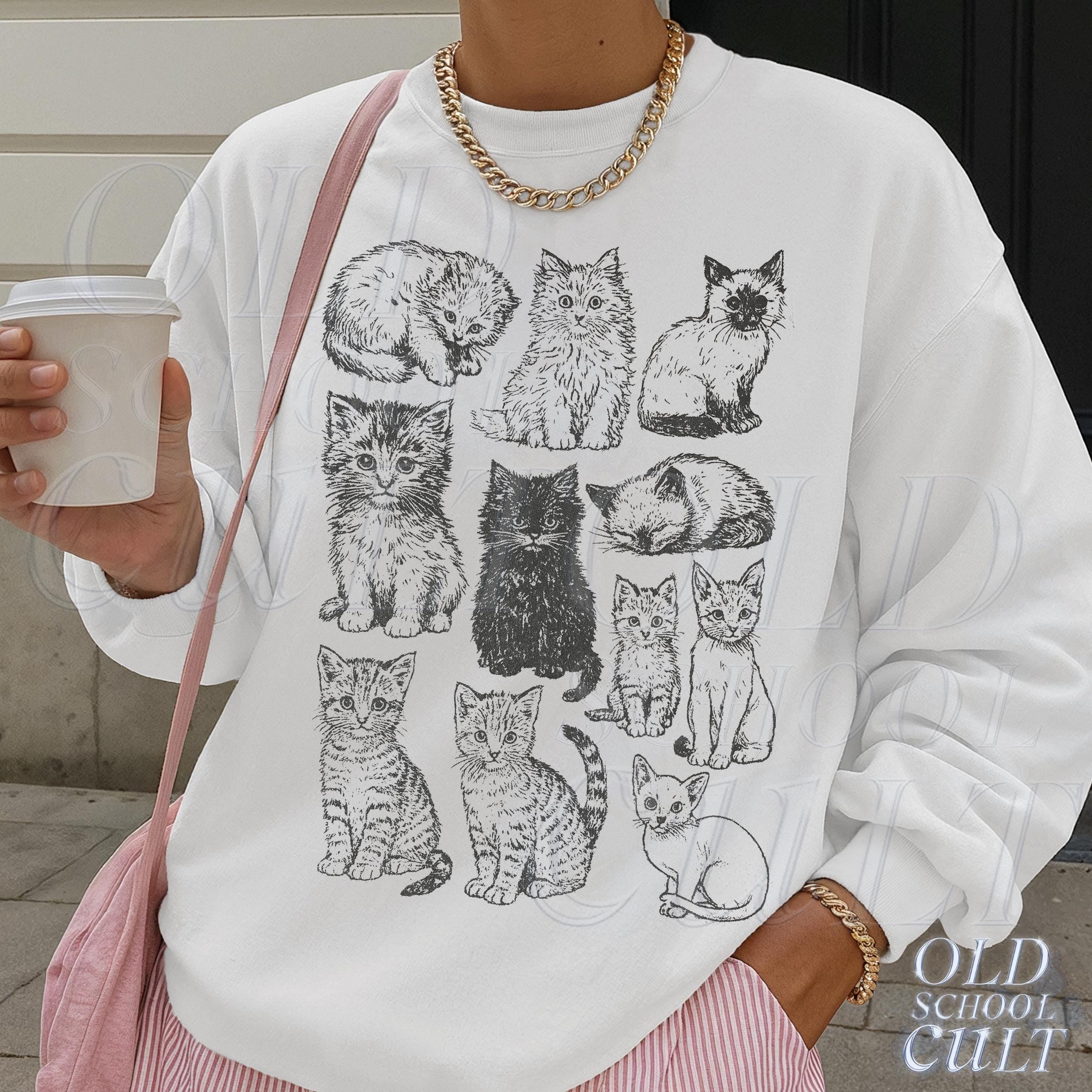 Vintage Cat Sweatshirt for Women, Gildan 18000 Unisex Crewneck, Cozy Cottagecore Gift, 90s Style Oversized Cat Mom Sweater, Printify Choice