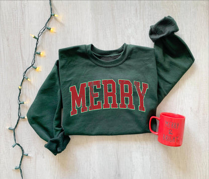 Womens Merry Sweatshirt: Retro Merry Christmas Gildan 18000, Cozy Festive Gift, Printify Choice Holiday Outfit
