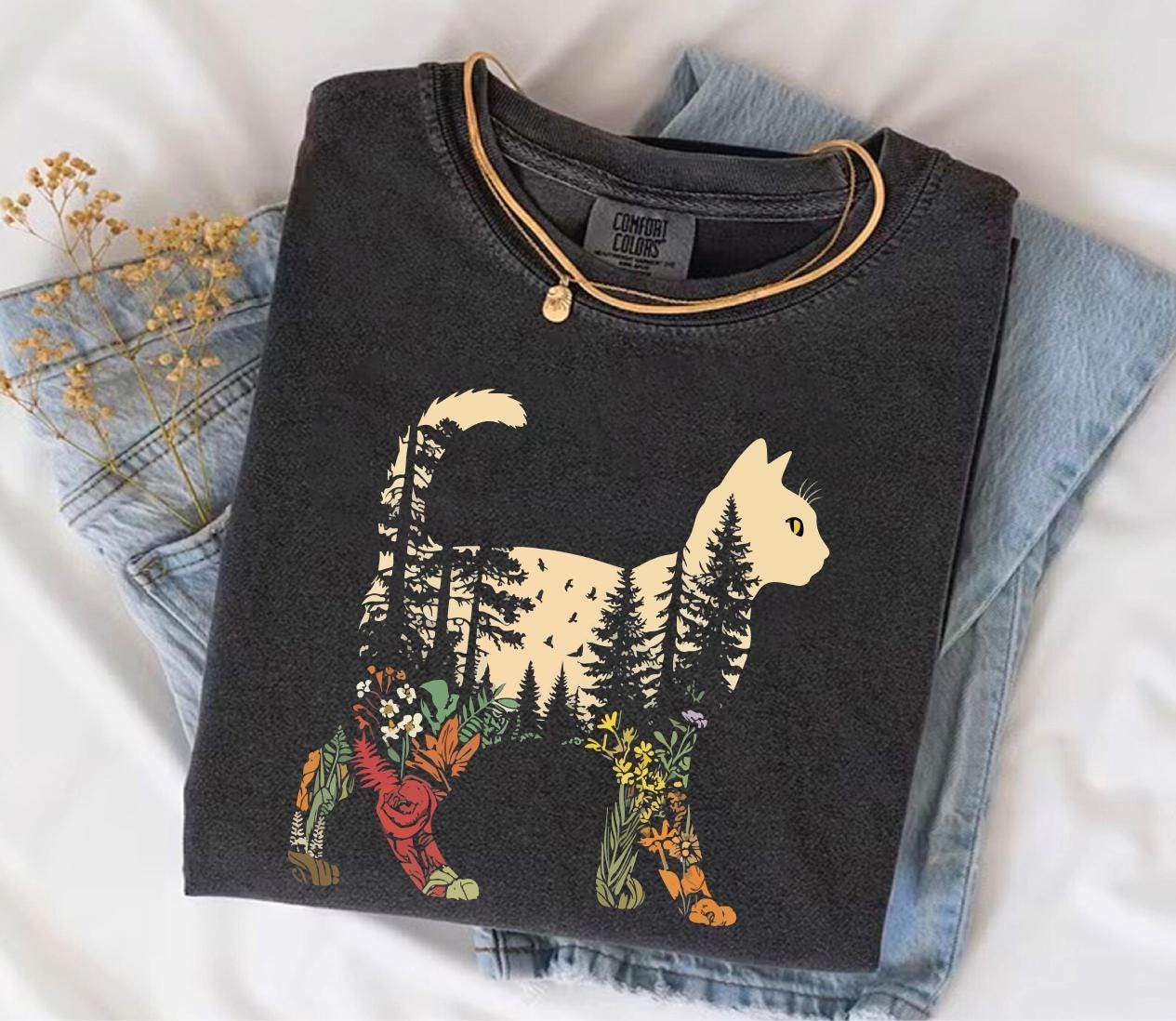 Cozy Gildan 18000 Boho Cat Plants Sweatshirt: Printify Choice for Women, Perfect Christmas Gift, Nature Aesthetic, Winter Outfit