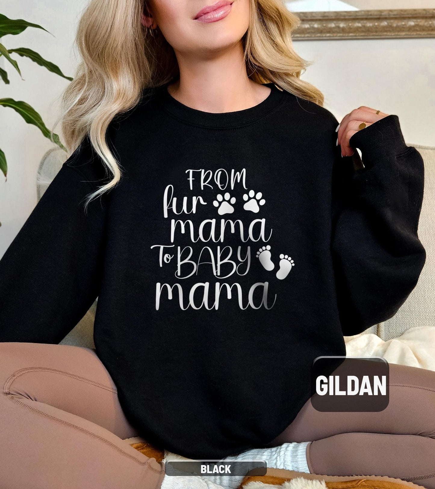 ✨From Fur Mama to Baby Mama Gildan 18000 Sweatshirt✨ Cozy Pregnancy Reveal Gift for Expecting Women, Aesthetic New Mom Outfit