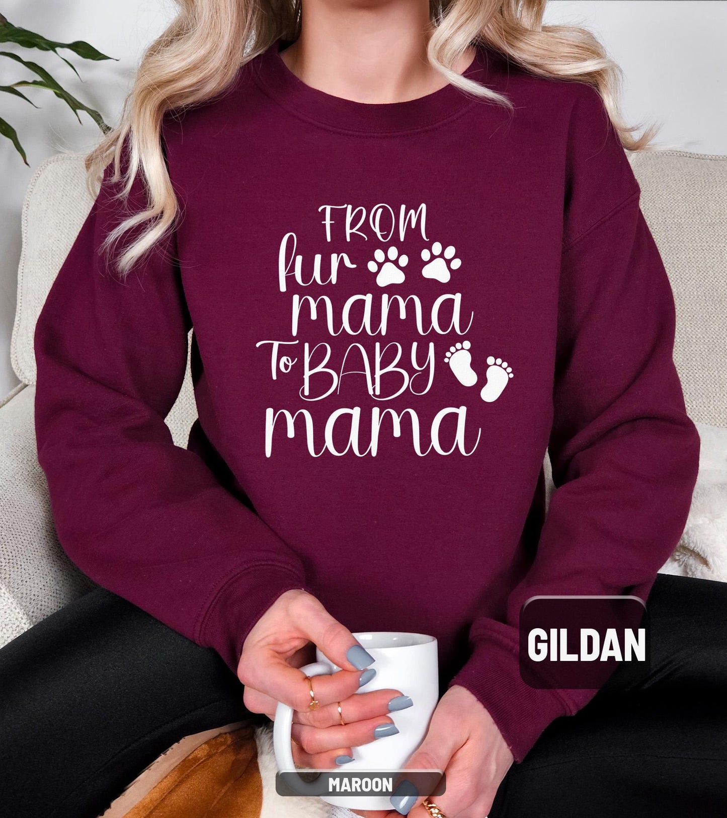 ✨From Fur Mama to Baby Mama Gildan 18000 Sweatshirt✨ Cozy Pregnancy Reveal Gift for Expecting Women, Aesthetic New Mom Outfit