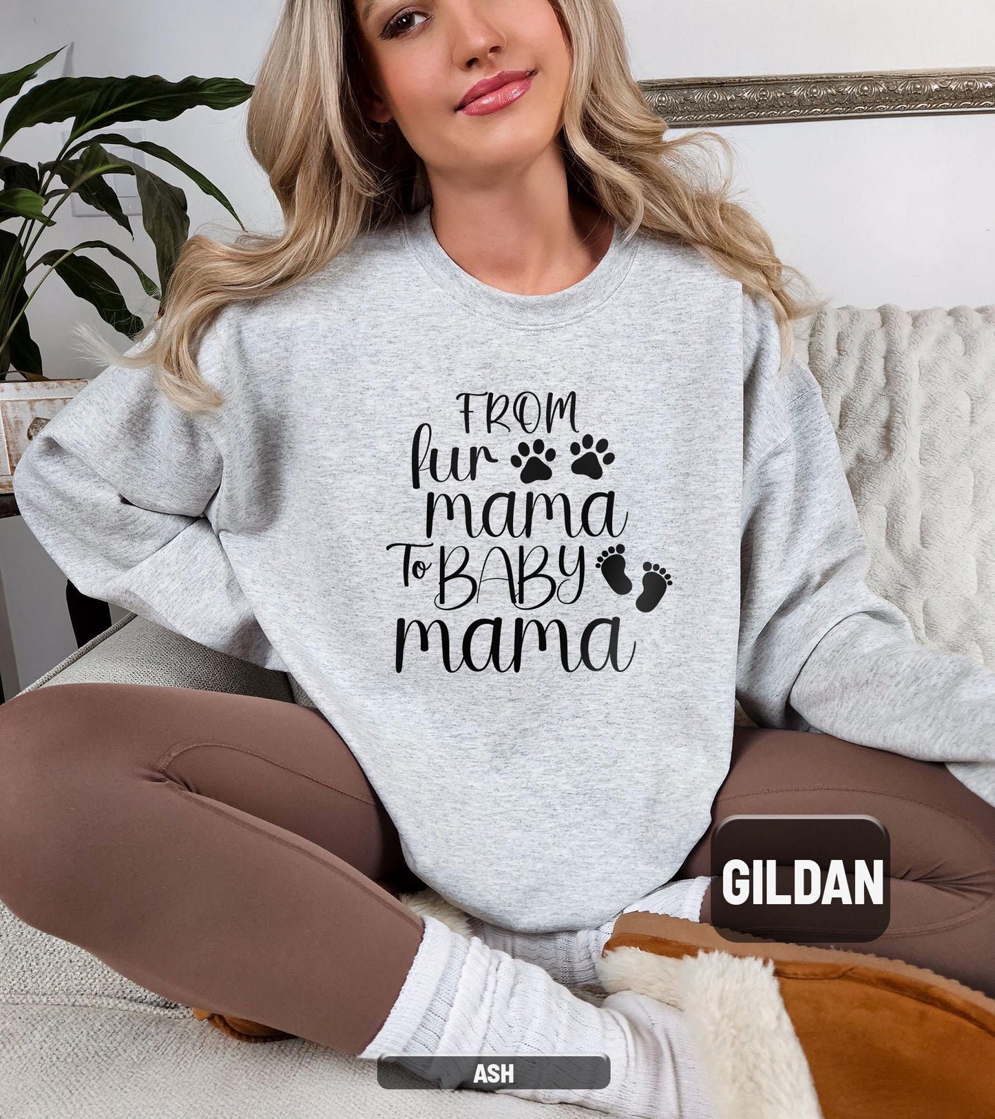 ✨From Fur Mama to Baby Mama Gildan 18000 Sweatshirt✨ Cozy Pregnancy Reveal Gift for Expecting Women, Aesthetic New Mom Outfit