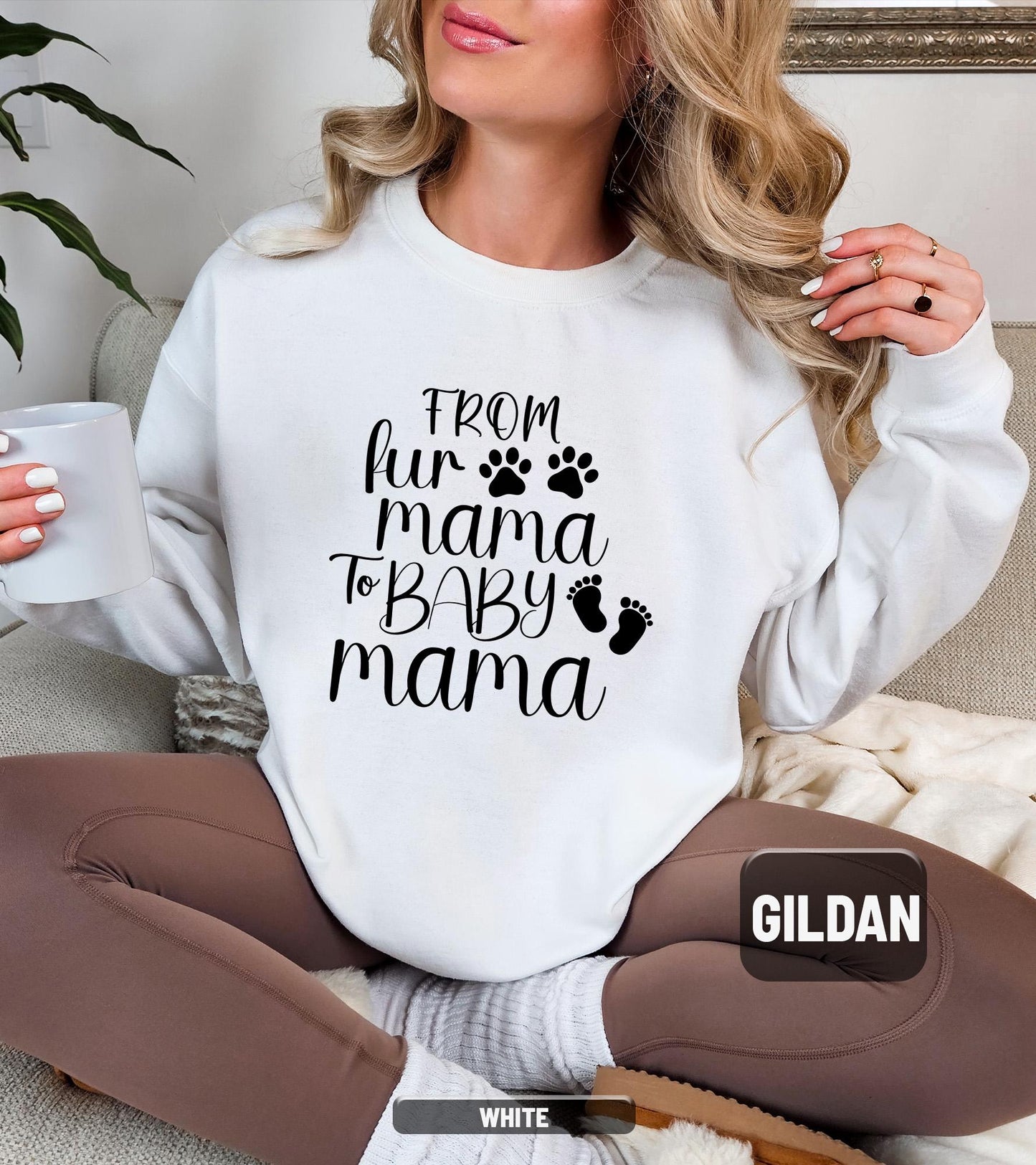✨From Fur Mama to Baby Mama Gildan 18000 Sweatshirt✨ Cozy Pregnancy Reveal Gift for Expecting Women, Aesthetic New Mom Outfit