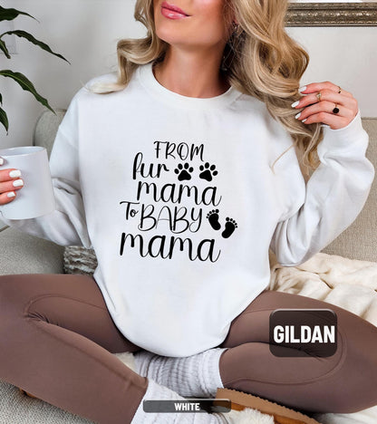 ✨From Fur Mama to Baby Mama Gildan 18000 Sweatshirt✨ Cozy Pregnancy Reveal Gift for Expecting Women, Aesthetic New Mom Outfit