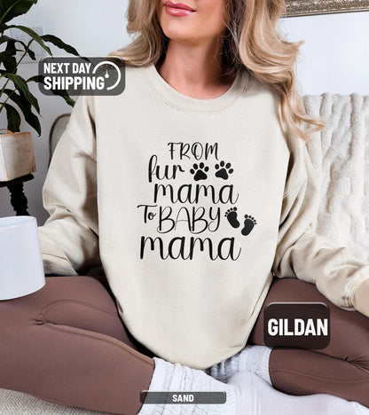 ✨From Fur Mama to Baby Mama Gildan 18000 Sweatshirt✨ Cozy Pregnancy Reveal Gift for Expecting Women, Aesthetic New Mom Outfit