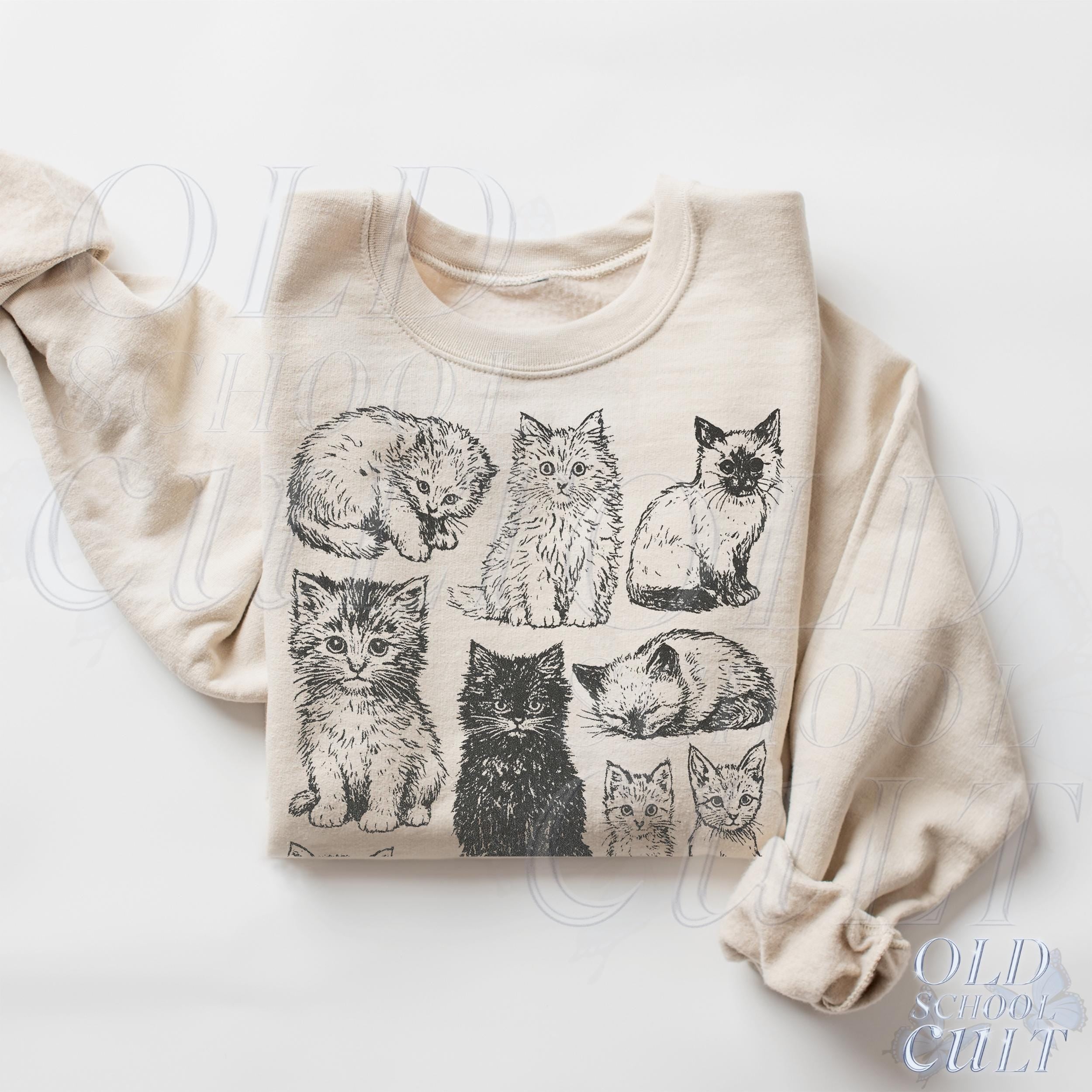 Vintage Cat Sweatshirt for Women, Gildan 18000 Unisex Crewneck, Cozy Cottagecore Gift, 90s Style Oversized Cat Mom Sweater, Printify Choice