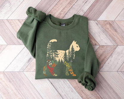 Boho Cat Plants Sweatshirt for Women - Gildan 18000, Cozy Gift for Cat Lovers, Aesthetic Nature Sweater, Perfect for Christmas and Winter