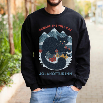 Distressed Yule Cat Shirt Cozy Gildan 18000 Sweatshirt Vintage Icelandic Christmas Aesthetic Unisex Gift for Cat Lovers