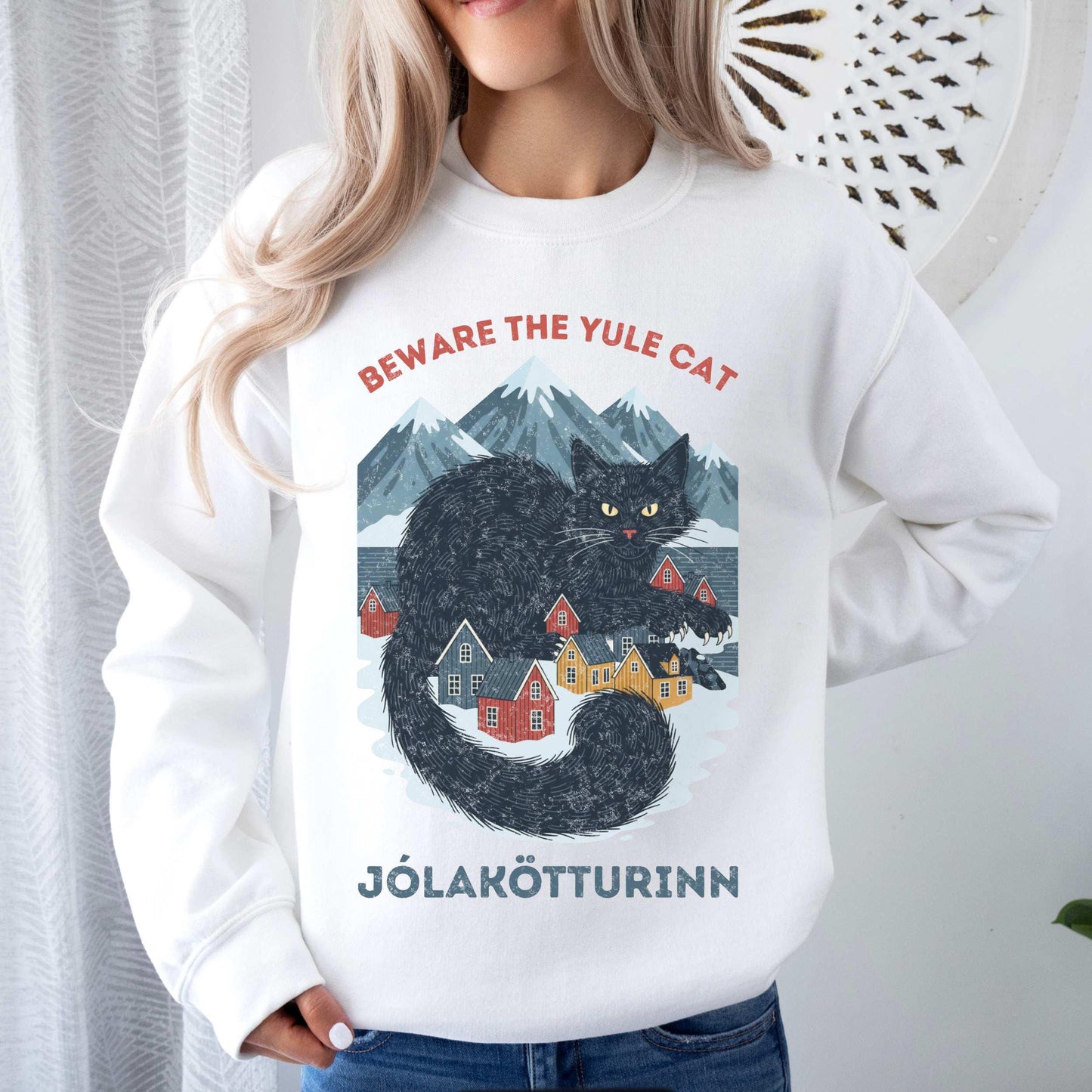 Distressed Yule Cat Sweatshirt Gildan 18000 Crewneck Cozy Icelandic Christmas Gift Vintage Printify Choice for Men & Women