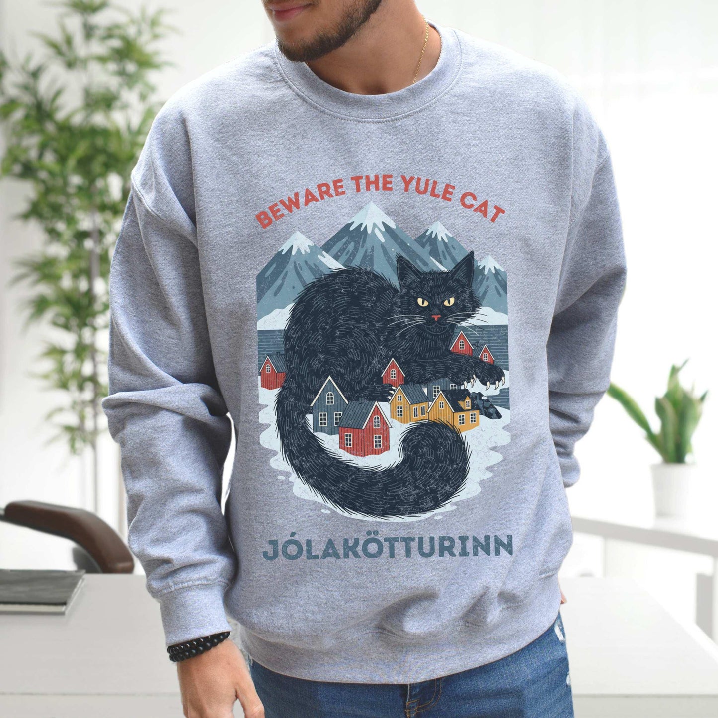 Distressed Yule Cat Sweatshirt Gildan 18000 Crewneck Cozy Icelandic Christmas Gift Vintage Printify Choice for Men & Women