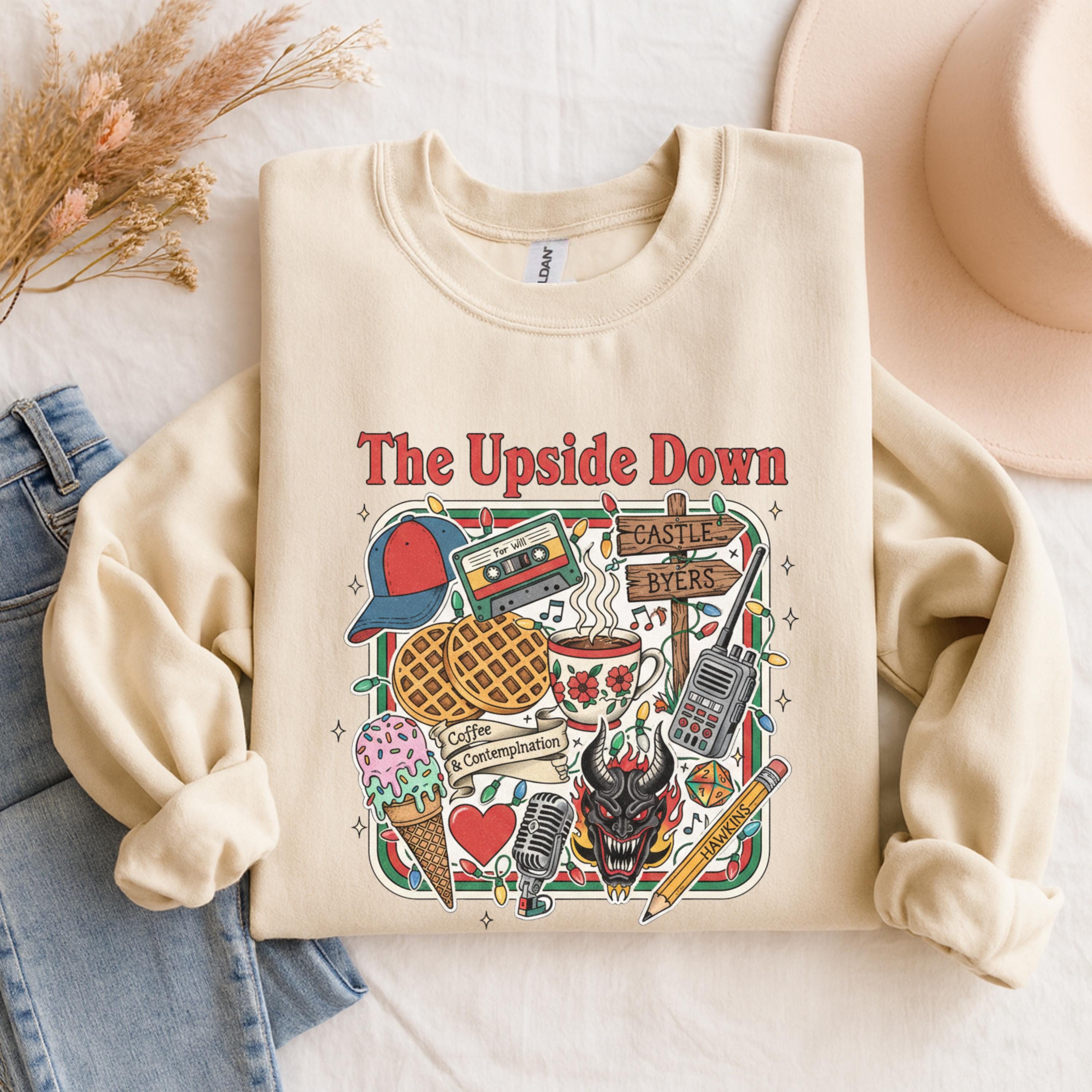 The Upside Down Sweatshirt – Gildan 18000 Retro Doodle Crewneck, Cozy Unisex Aesthetic Sweater, Printify Choice for Viral Outfits