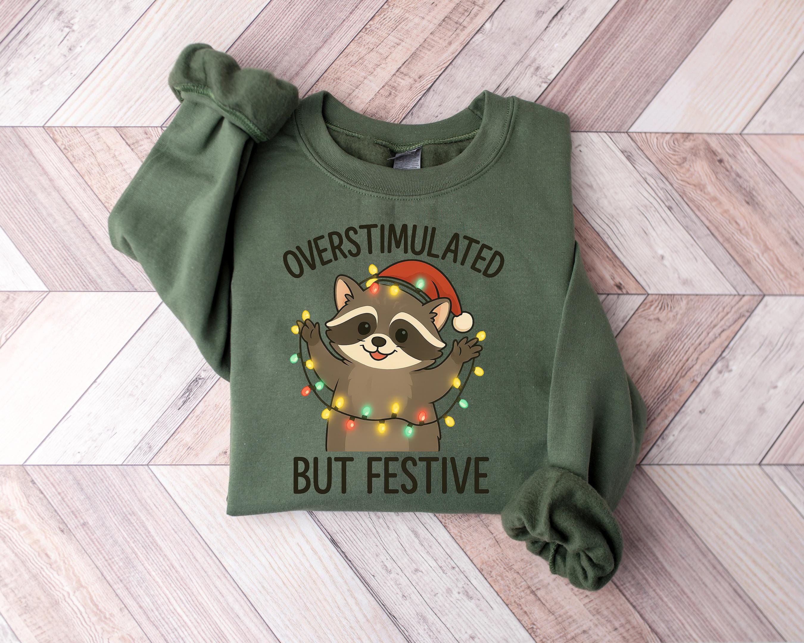 ✨ Overstimulated Festive Raccoon Christmas Sweatshirt for Women - Gildan 18000 Cozy Unisex Gift ✨