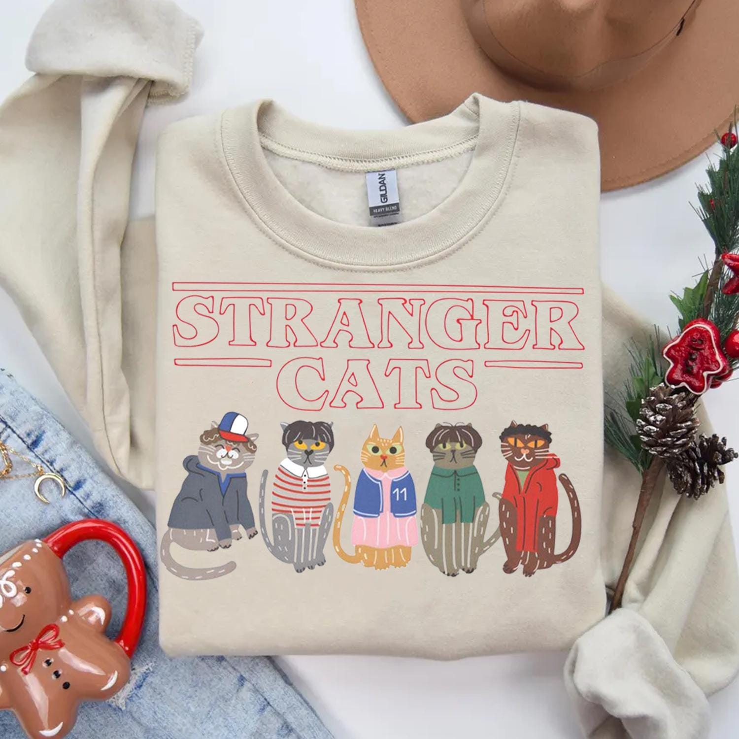 Stranger Cats Shirt, Retro 80s Sci Fi Cat Tee, Gildan 18000 Unisex Sweatshirt, Geek Pop Culture Gift, Printify Choice for Cat Lovers