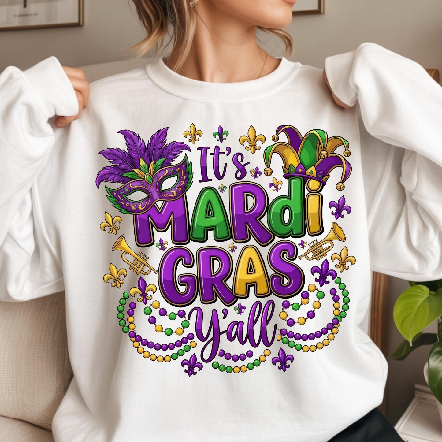 It's Mardi Gras Y'all Crewneck Sweatshirt, Gildan 18000 Unisex Fleece, Purple Green Gold Mask, New Orleans Parade Outfit, Gift for Women Men