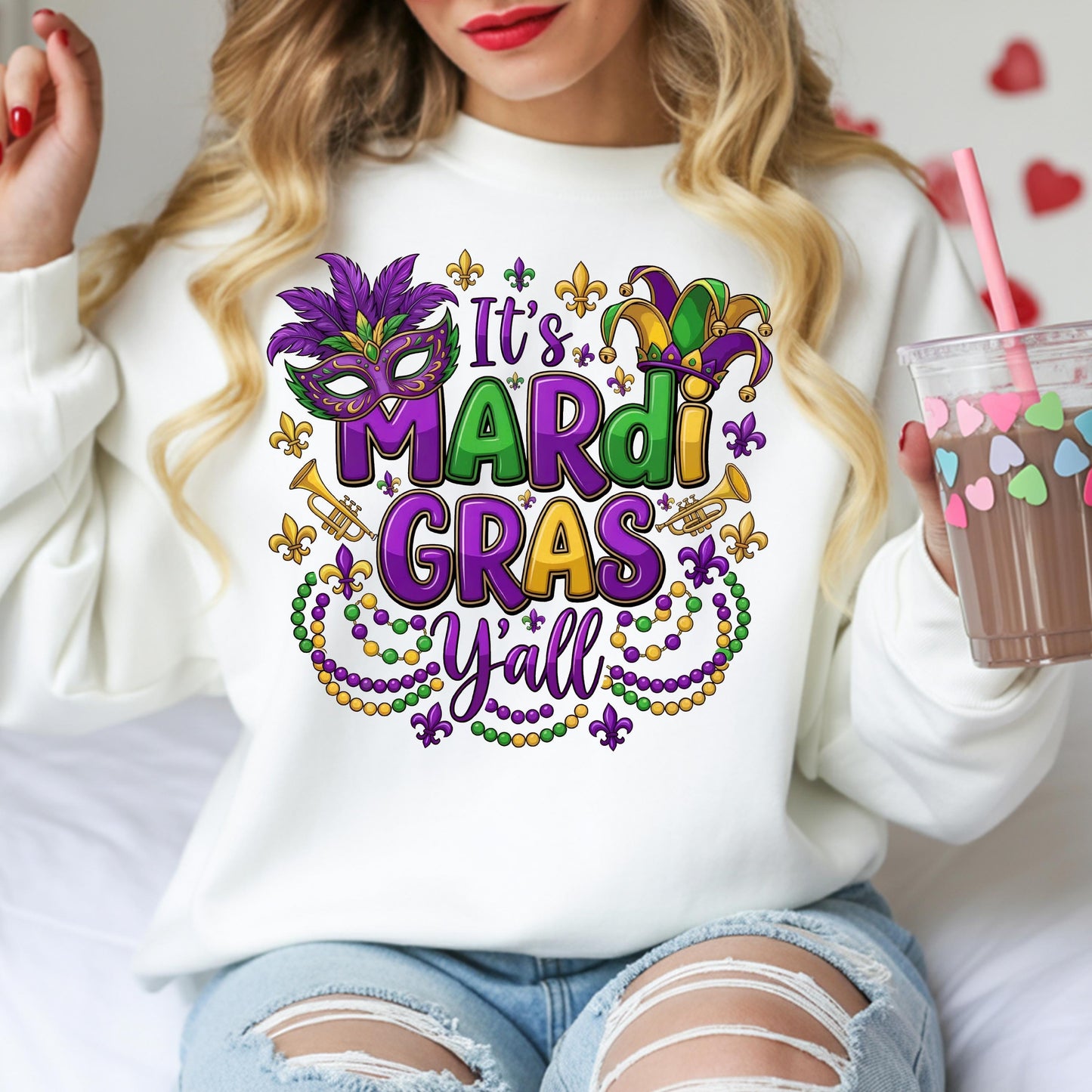 It's Mardi Gras Y'all Crewneck Sweatshirt, Gildan 18000 Unisex Fleece, Purple Green Gold Mask, New Orleans Parade Outfit, Gift for Women Men