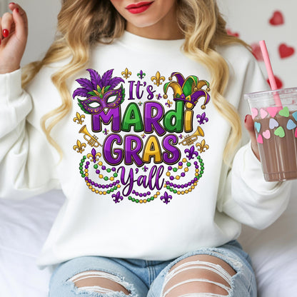 It's Mardi Gras Y'all Crewneck Sweatshirt, Gildan 18000 Unisex Fleece, Purple Green Gold Mask, New Orleans Parade Outfit, Gift for Women Men