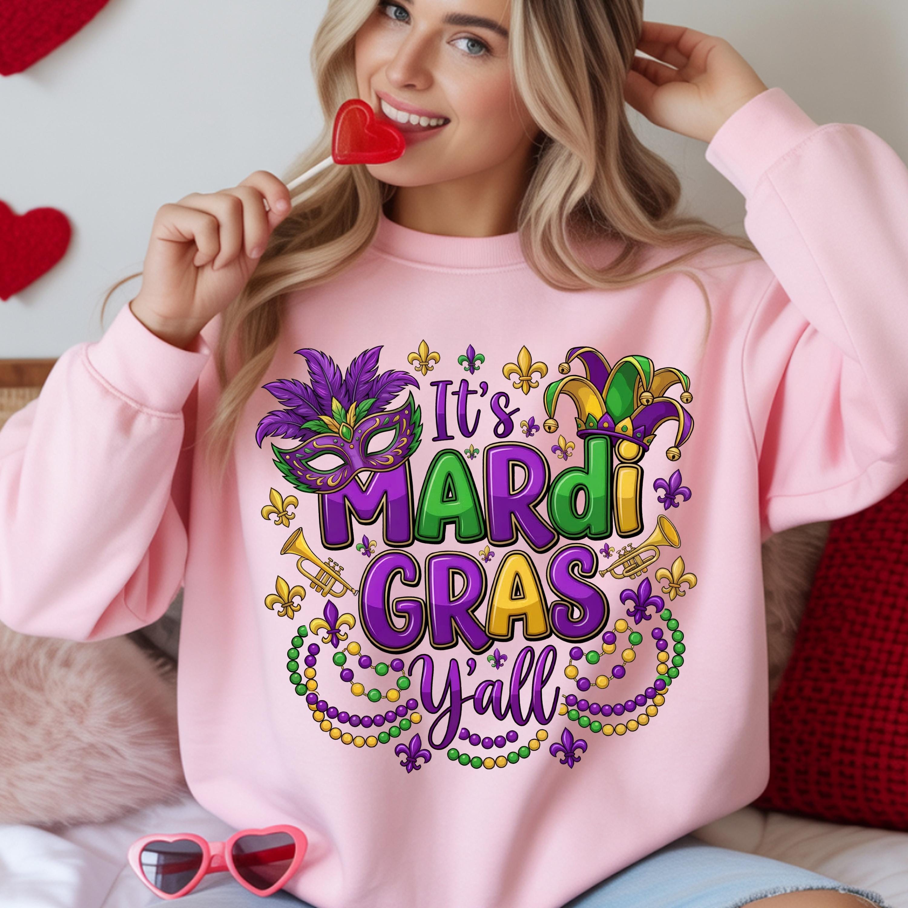 It's Mardi Gras Y'all Crewneck Sweatshirt, Gildan 18000 Unisex Fleece, Purple Green Gold Mask, New Orleans Parade Outfit, Gift for Women Men