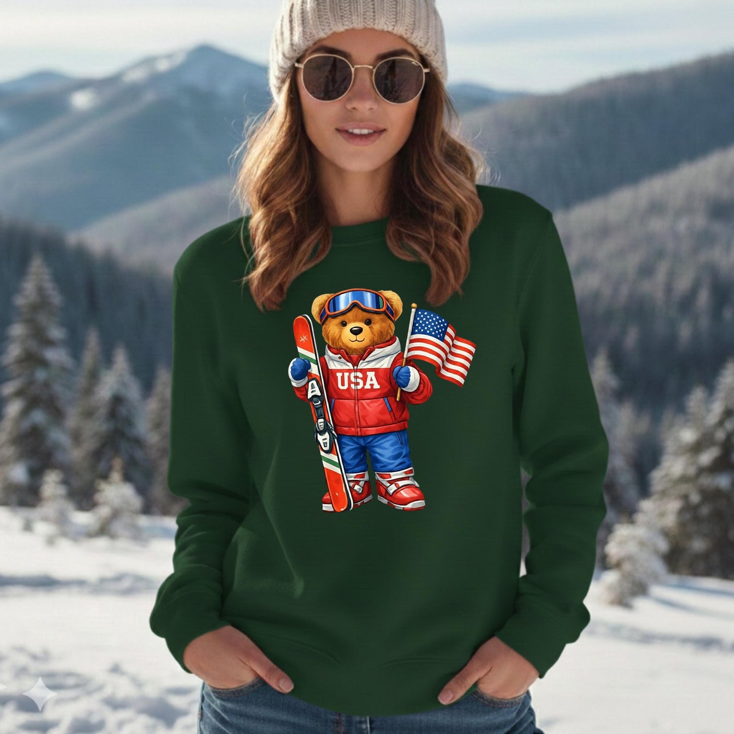 USA or Italy Skiing Teddy Bear 2026 Crewneck Sweatshirt, 18000 Heavy Blend Fleece, Unisex Cozy Winter Gift, Aesthetic Apres Ski Outfit