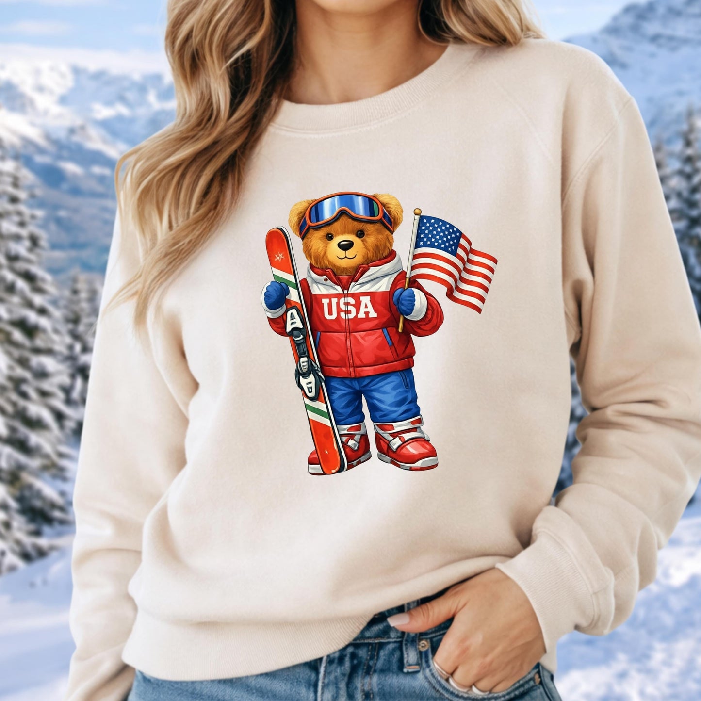 USA or Italy Skiing Teddy Bear 2026 Crewneck Sweatshirt, 18000 Heavy Blend Fleece, Unisex Cozy Winter Gift, Aesthetic Apres Ski Outfit