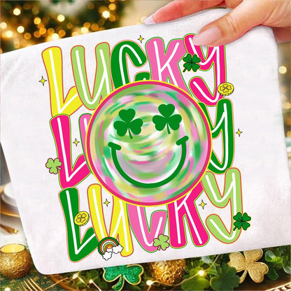 St Patricks Day Lucky Shamrock Smiley Brushstroke, Gildan 5000 Classic Tee, Unisex Cotton, Trendy Green Outfit Gift for Men Women, Spring